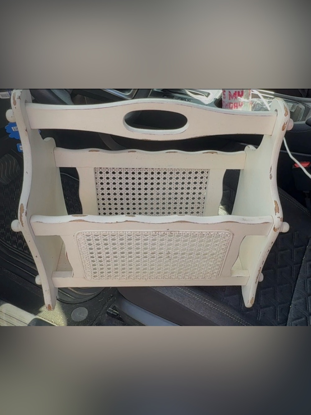 Vintage White Shabby Chic Magazine Rack Farmhouse Style Rattan Wicker Panels